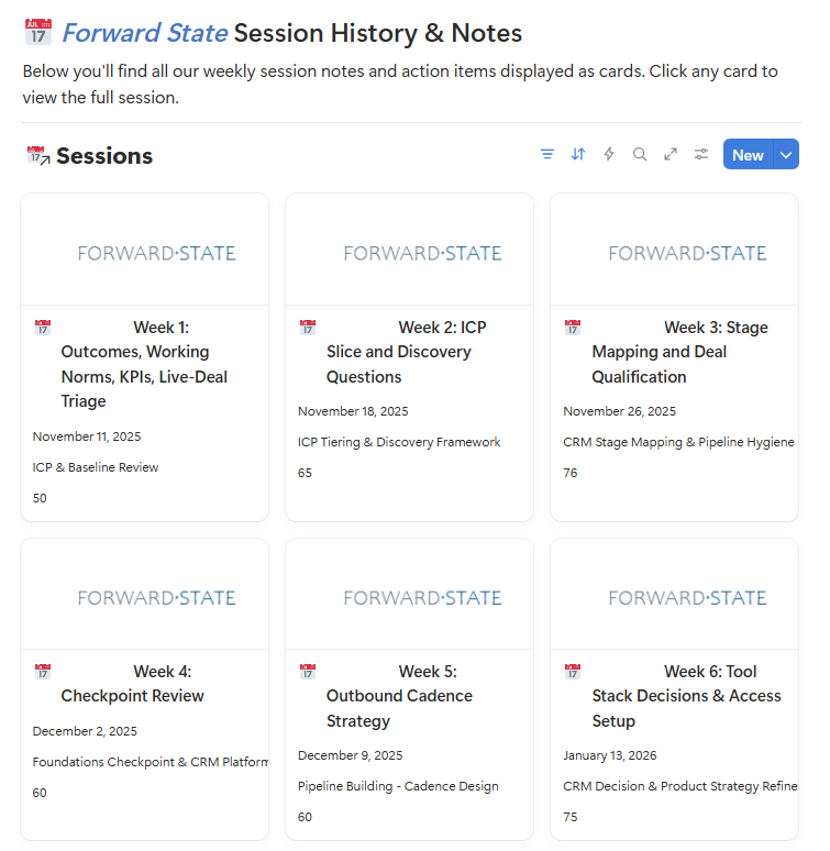 Forward State session history and notes shown as cards